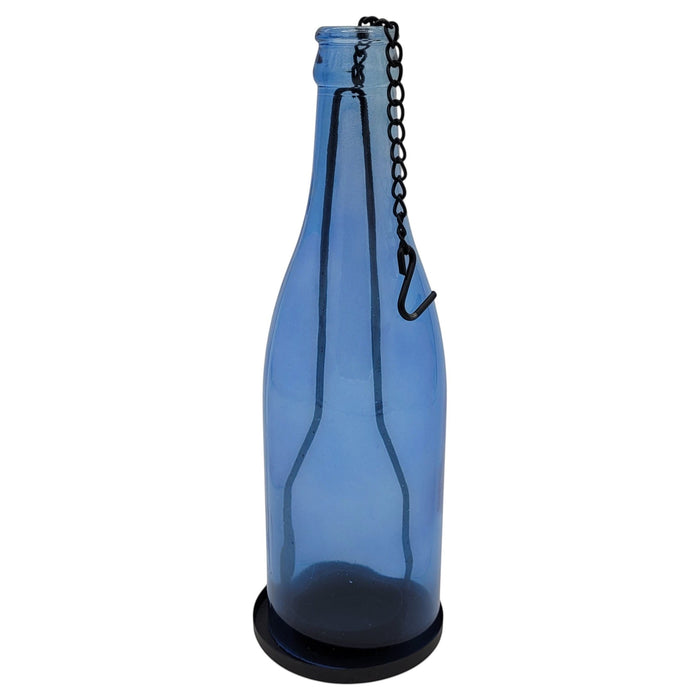 The Window, Milford Haven blue glass bottle tealight holder with a black metal hanging chain and base.