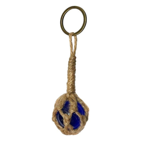 The Window, Milford Haven blue glass float keyring encased in decorative knotted jute twine with a metal ring.