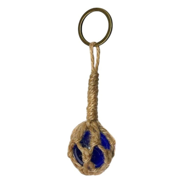 The Window, Milford Haven blue glass float keyring encased in decorative knotted jute twine with a metal ring.