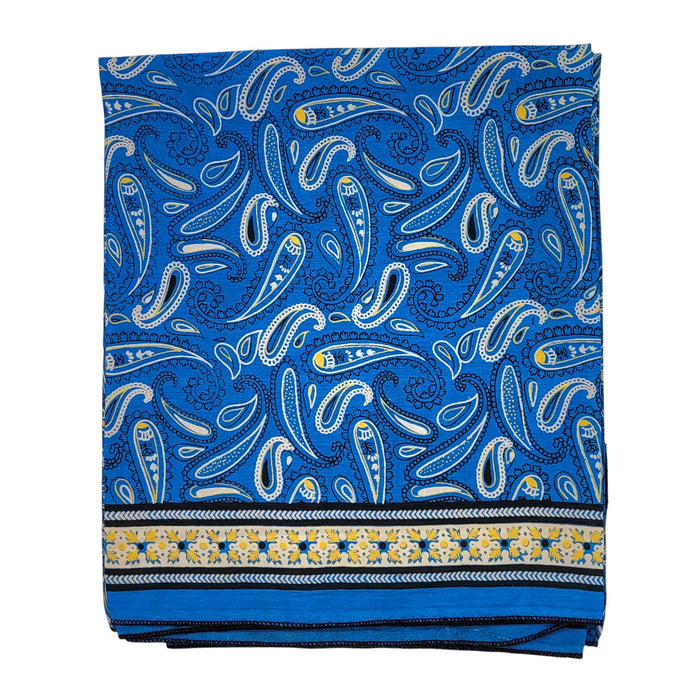 The Window, Milford Haven blue recycled sari scarf featuring a vibrant white and yellow paisley pattern
