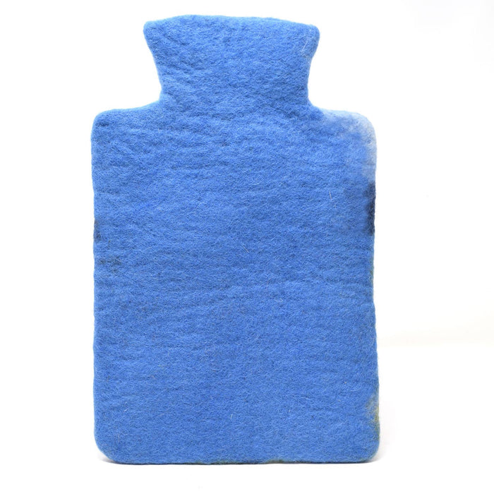 The Window, Milford Haven blue wool felt hot water bottle cover with a hand-crafted Highland Cow design.