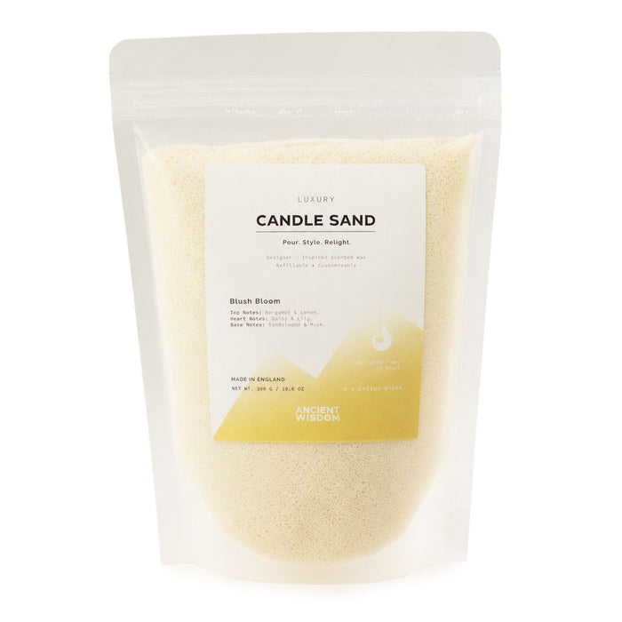 The Window, Milford Haven Blush Bloom fragranced candle sand in a 300g pouch with golden honey coloured wax beads.