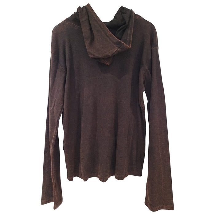 The Window, Milford Haven chocolate brown cotton hooded zip-up top with long sleeves, back view.