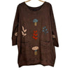 The Window, Milford Haven chocolate brown cotton tunic dress with toadstool and leaf embroidery and front pockets.