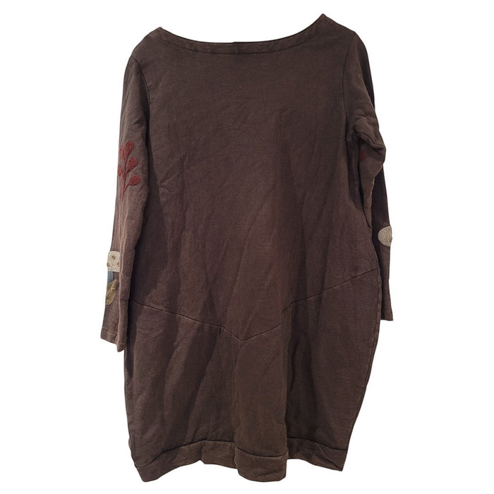 The Window, Milford Haven chocolate brown cotton tunic dress with nature-themed embroidery and long sleeves.