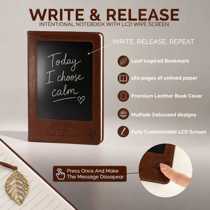 The Window, Milford Haven Doodlers Delight brown leather-effect notebook with front LCD wipe screen and leaf bookmark