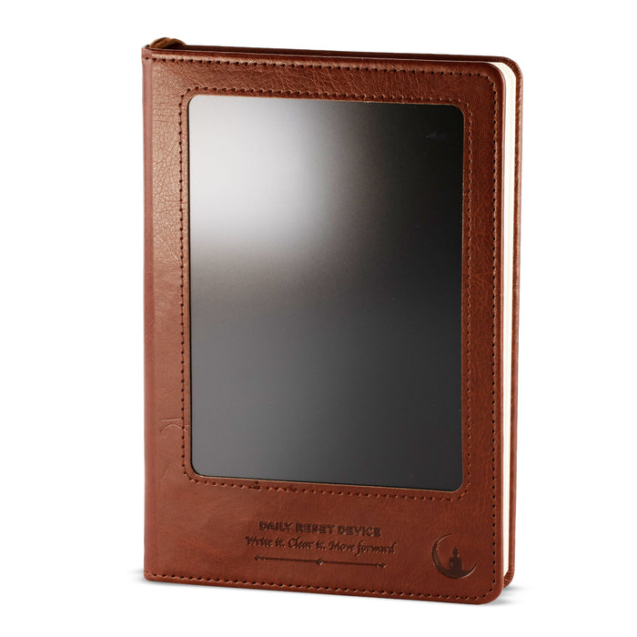 The Window, Milford Haven A5 notebook with a brown leather-effect cover and a reusable LCD wipe screen on the front.