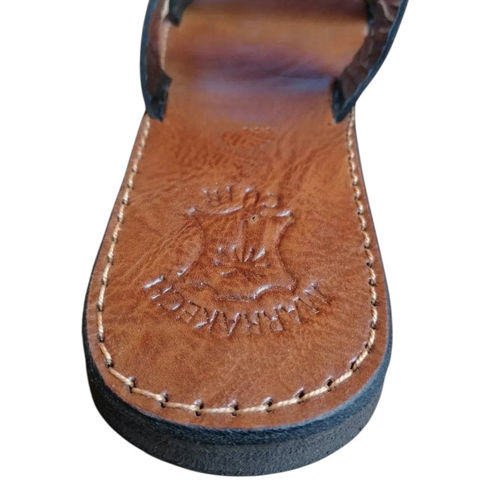 The Window, Milford Haven handmade brown leather sandal footbed with Marrakesh embossed detail and stitched edges.