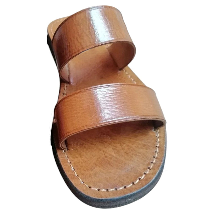 The Window, Milford Haven handmade brown leather double strap sandals with a comfortable flat sole for summer wear.