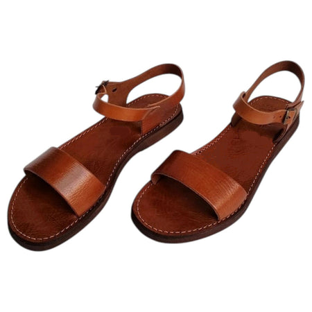 The Window, Milford Haven handmade brown leather sandals with a minimalist single strap and adjustable ankle buckle.