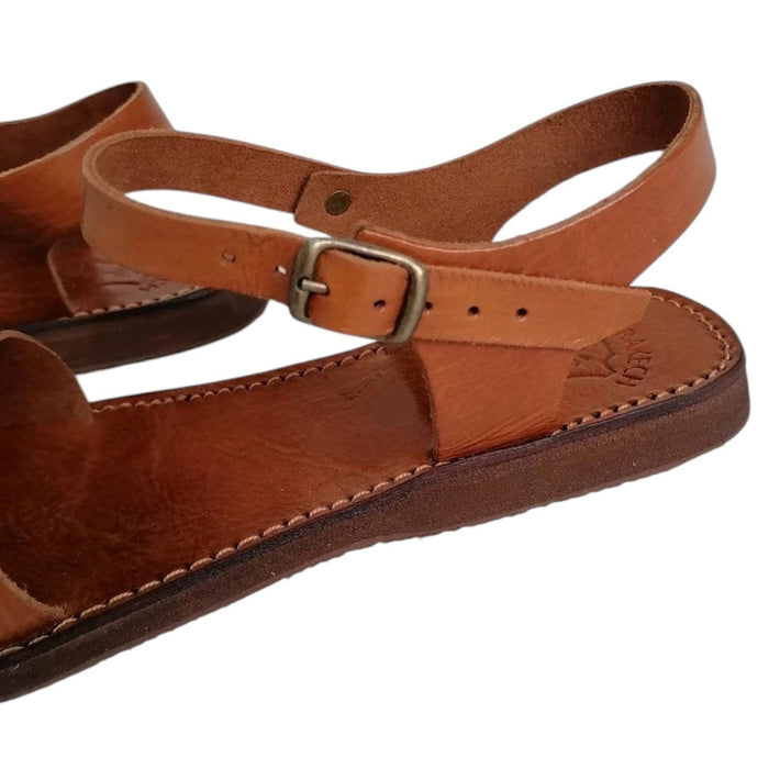 The Window, Milford Haven handmade brown leather sandals with an adjustable ankle strap and flat organic sole.