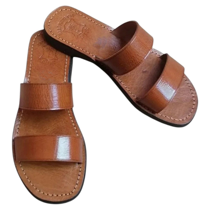The Window, Milford Haven handmade brown genuine leather double strap sandals with a comfortable flat sole.