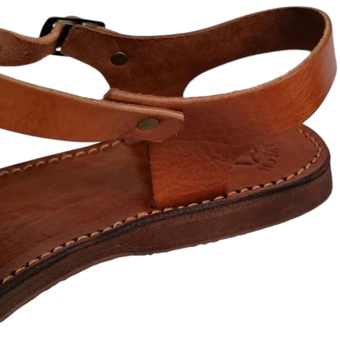 The Window, Milford Haven handmade brown leather sandals with ankle strap and durable stitched flat sole