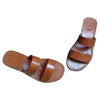The Window, Milford Haven handmade brown leather double strap sandals with a minimalist flat design.