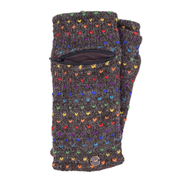 The Window, Milford Haven dark marl brown wool wrist-warmers with rainbow tick pattern and functional zip pocket.