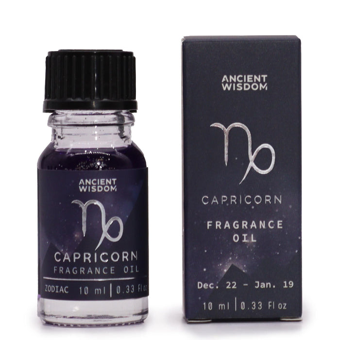 The Window, Milford Haven 10ml Capricorn zodiac fragrance oil in a dark glass bottle with bio glitter and matching box