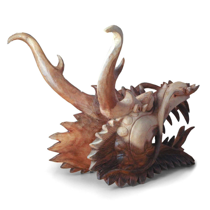 The Window, Milford Haven large hand-carved Suar wood dragon head sculpture with intricate details and natural finish.