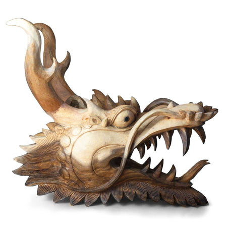 The Window, Milford Haven hand-carved life-size dragon head sculpture made from natural brown Suar wood.