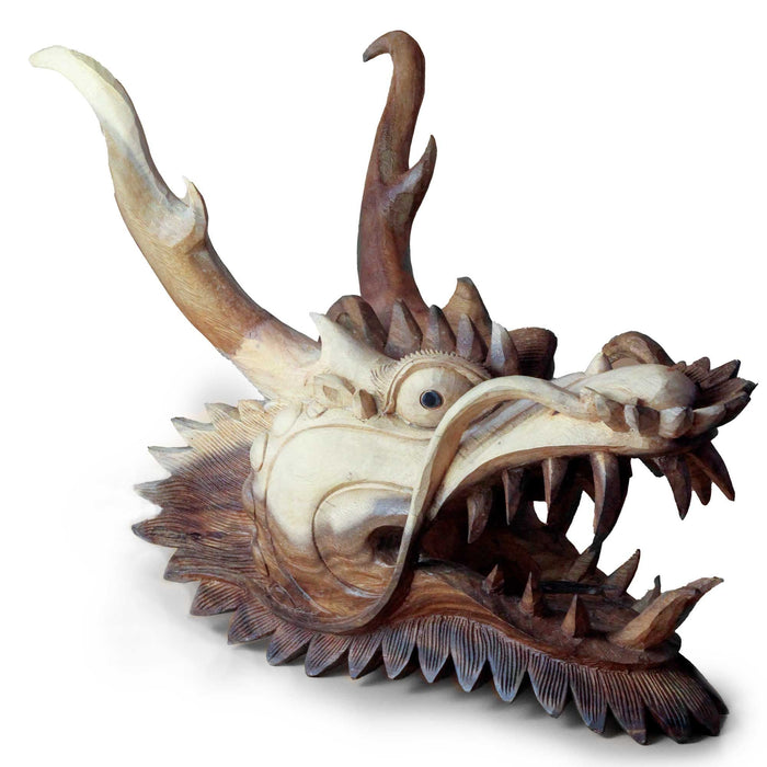 The Window, Milford Haven hand-carved Suar wood dragon head sculpture with intricate scales and open mouth detail.