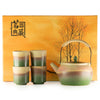 The Window, Milford Haven ceramic Japanese kyusu style tea set with a teapot and four cups in a green and beige gradient