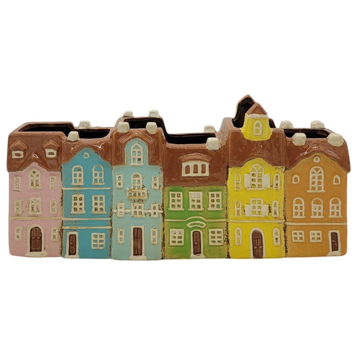 The Window, Milford Haven ceramic planter shaped like a row of colourful pastel townhouses for plants or utensils.
