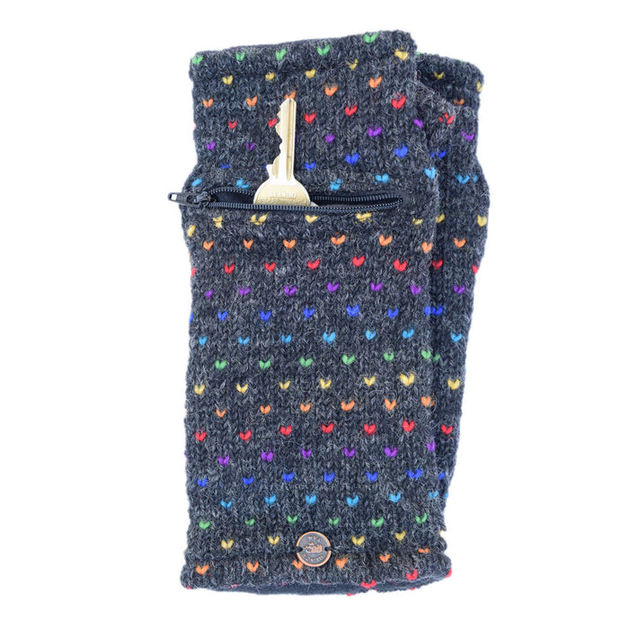 The Window, Milford Haven charcoal wool wrist-warmers with rainbow tick pattern, zip pocket, and fleece lining.