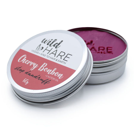 The Window, Milford Haven Wild Hare Cherry Bonbon solid shampoo bar in a 60g travel tin with a pink bar inside.