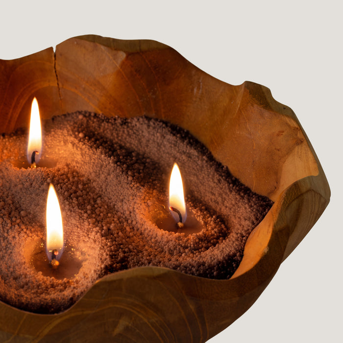 The Window, Milford Haven chocolate brown Millionaire Gold candle sand burning in a rustic wooden bowl with three wicks