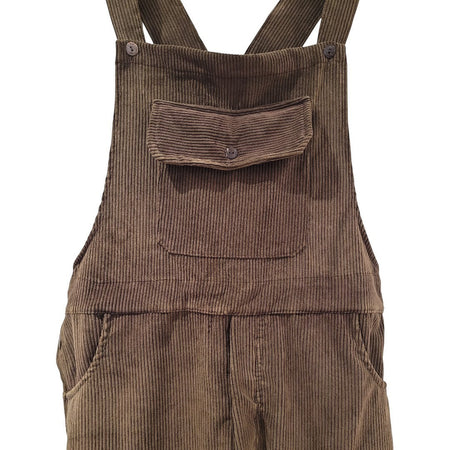 The Window, Milford Haven chocolate brown jumbo cord dungarees with a buttoned front pocket and adjustable straps.