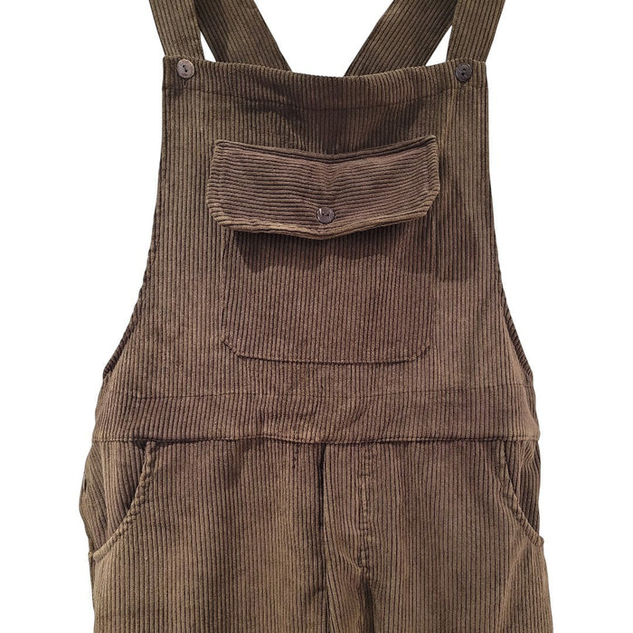 The Window, Milford Haven chocolate brown jumbo cord dungarees with a buttoned front pocket and adjustable straps.