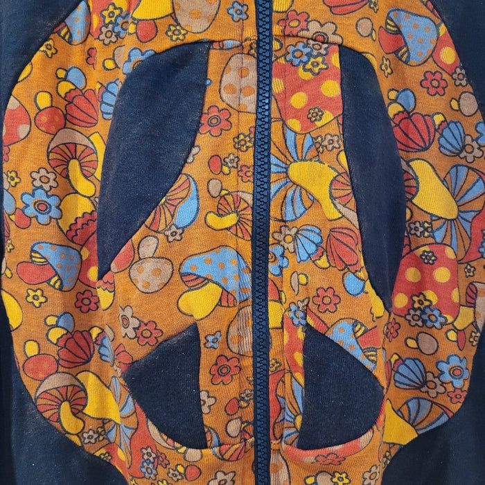 The Window, Milford Haven chocolate brown cotton zip-up hoodie featuring a colourful peace symbol with toadstool print
