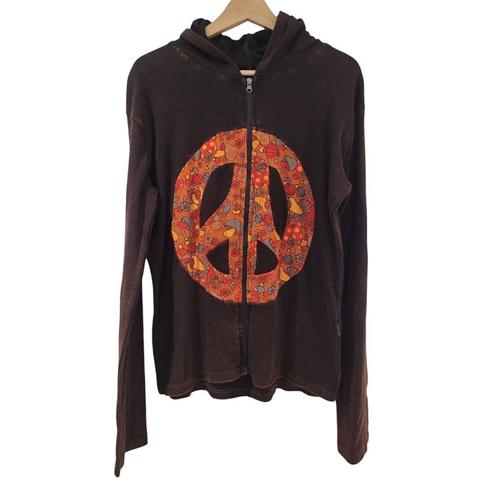 The Window, Milford Haven chocolate brown cotton zip-up hoodie featuring a colourful peace symbol with toadstool motif.