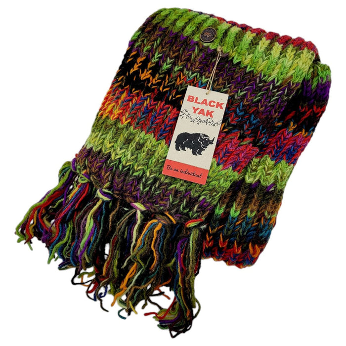 The Window, Milford Haven chunky hand-knit 100% wool scarf in electric green stripes with multi-coloured fringe