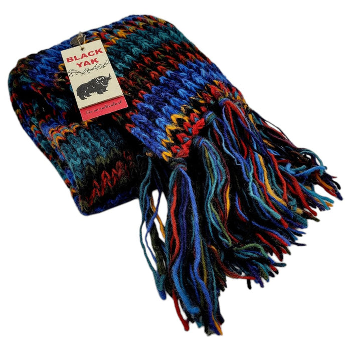 The Window, Milford Haven chunky hand-knit 100% wool scarf in electric blue stripes with colourful fringe detail.