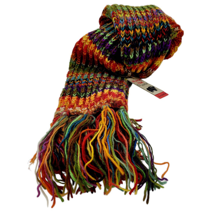The Window, Milford Haven chunky hand-knit 100% wool scarf in a vibrant electric orange multi-colour stripe with fringe