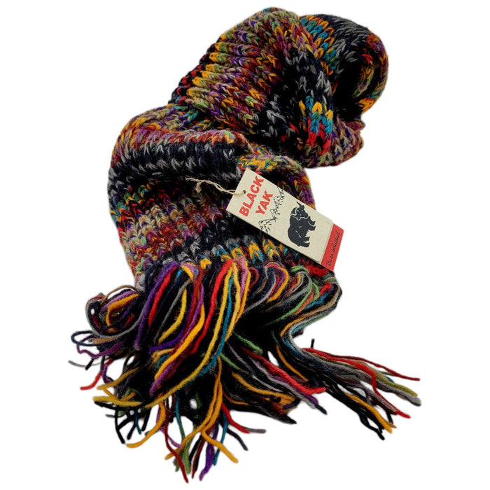 The Window, Milford Haven chunky hand-knit 100% wool scarf in electric stripe and grey with fringed ends.