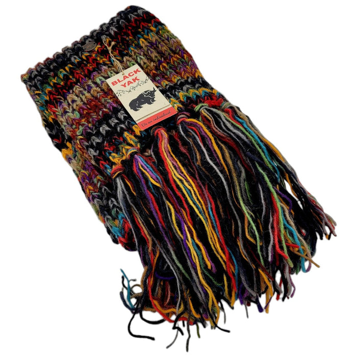 The Window, Milford Haven chunky hand-knit 100% wool scarf in grey with multi-coloured electric stripes and fringe.