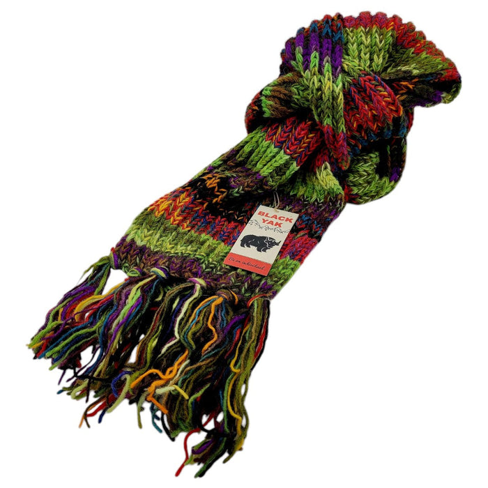 The Window, Milford Haven chunky hand-knit 100% wool scarf in electric green stripe with colourful fringe detail.
