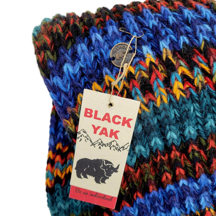 The Window, Milford Haven chunky hand-knit wool scarf in electric blue multi-colored stripes with Black Yak tag