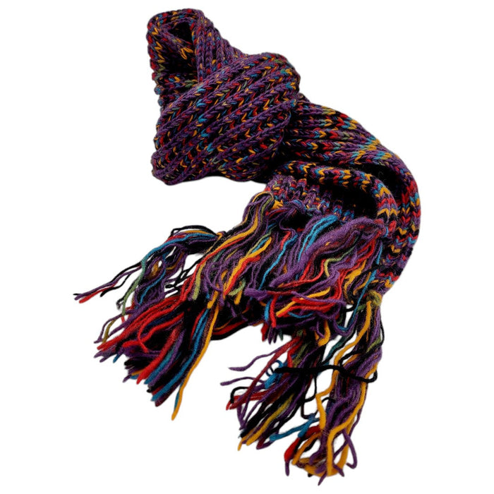 The Window, Milford Haven chunky hand-knit 100% wool scarf in electric stripe grape with multi-coloured fringe.