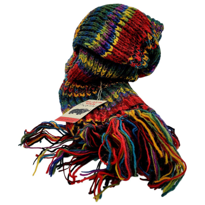 The Window, Milford Haven chunky hand-knit 100% wool scarf in electric multi-colored stripes with long fringe ends.