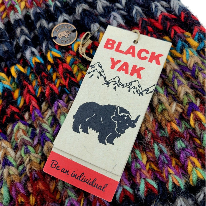 The Window, Milford Haven chunky hand-knit wool scarf in electric stripe grey with Black Yak brand tag