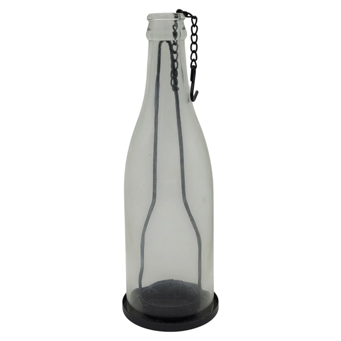 The Window, Milford Haven clear glass bottle tealight holder with a black metal base and hanging chain.