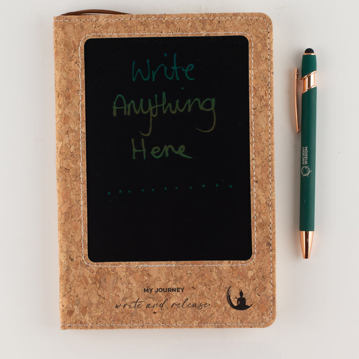 The Window, Milford Haven A5 cork leather effect notebook with a reusable LCD wipe screen and matching green pen.