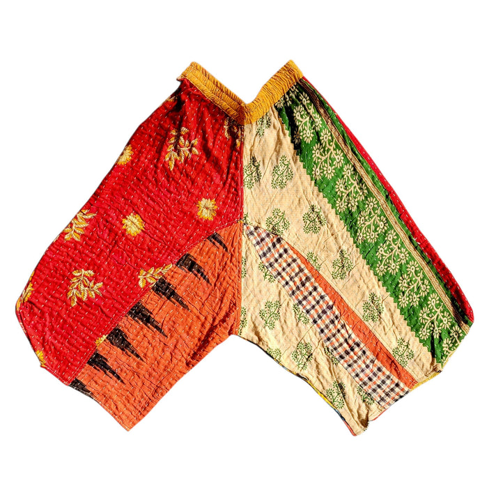 The Window, Milford Haven cropped Kantha cotton trousers featuring patchwork red and green patterns and elastic waist.