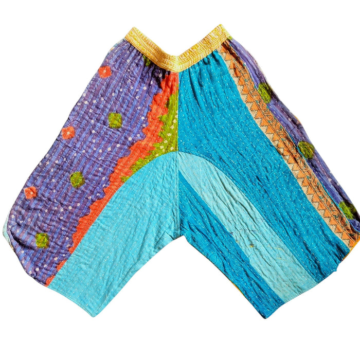 The Window, Milford Haven cropped Kantha cotton trousers featuring a yellow waistband and vibrant patchwork patterns.