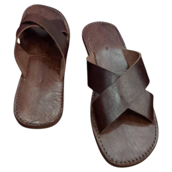 The Window, Milford Haven handmade dark brown genuine leather sandals for men with a minimalist crossed strap design.