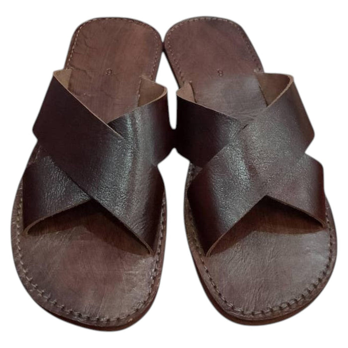 The Window, Milford Haven handmade dark brown leather sandals for men with a minimalist crossed strap design.