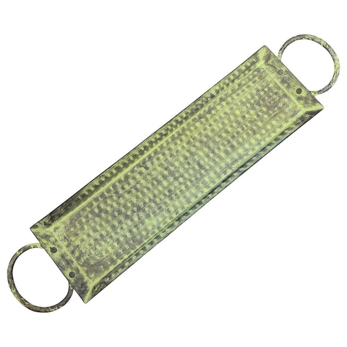 The Window, Milford Haven rectangular iron tray with a distressed green finish and two circular side handles.