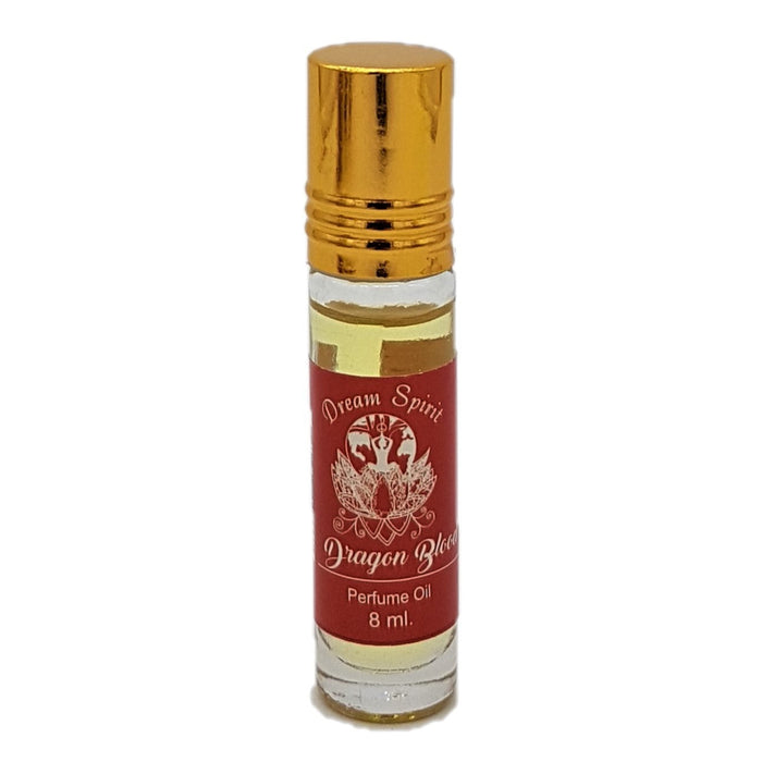 The Window, Milford Haven Dream Spirit Dragon Blood roll-on perfume oil in an 8ml glass bottle with a gold cap.